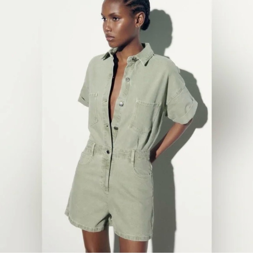 Zara Olive Short Sleeve Denim Playsuit